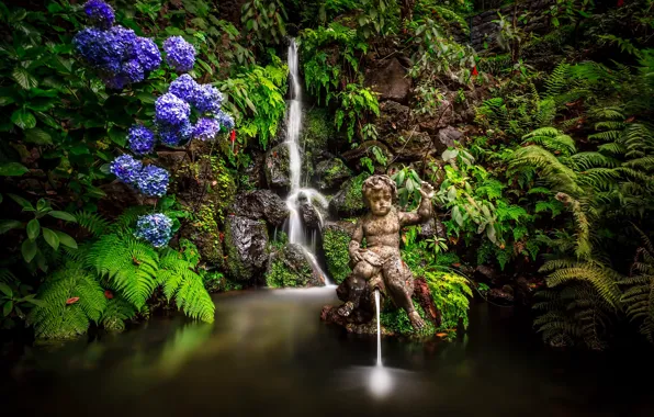 Картинка листья, цветы, парк, водопад, сад, скульптура, Португалия, папоротник