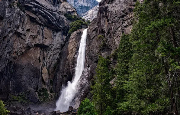 Картинка деревья, камни, скалы, водопад, Калифорния, США, Йосемити, Yosemite National Park