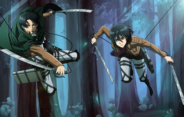 Аниме, арт, Микаса, Shingeki no Kyojin, Атака титанов, Вторжение гигантов, Леви