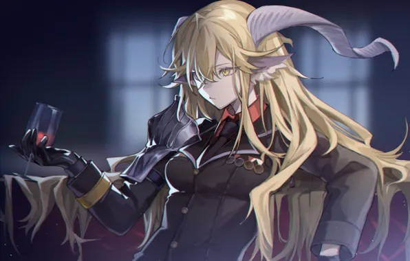 Девушка, рога, бокал вина, Arknights, ArDegenbrecher