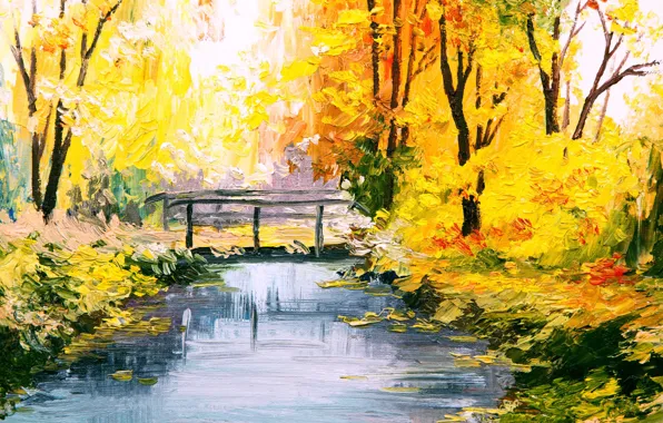 Картинка лес, мост, парк, река, времена года, краски, картина, арт