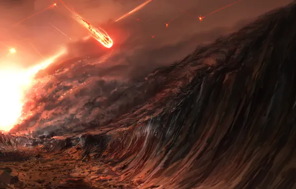 Картинка солнце, скалы, огонь, дым, арт, ущелье, кратер, метеориты