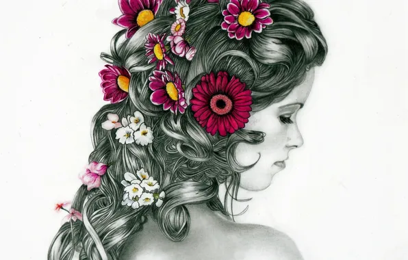 Девушка, цветы, ресницы, волосы, спина, прическа, белый фон, профиль