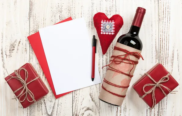 Картинка любовь, подарок, вино, сердце, бутылка, сердечки, red, love