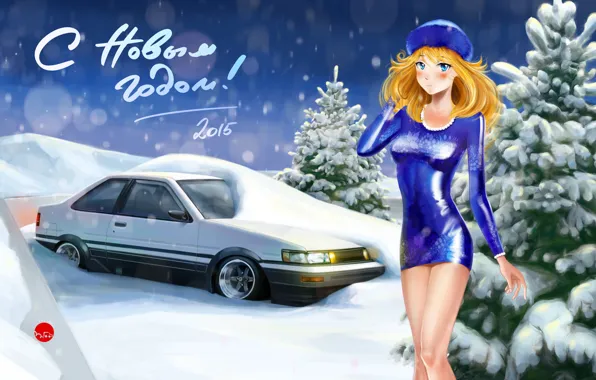 Картинка девушка, снег, фон, Toyota, AE86, Тойота, С Новым Годом, 2015