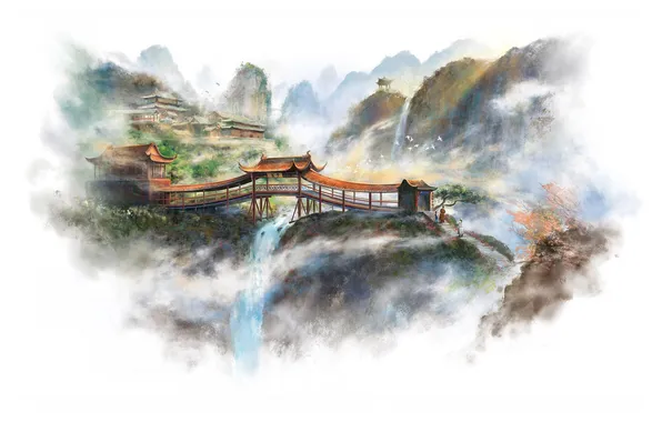 Картинка горы, скалы, азия, рисунок, арт, белый фон, храм, водопады