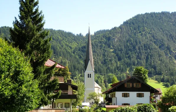 Картинка лес, деревья, горы, дома, Германия, Бавария, Альпы, церковь