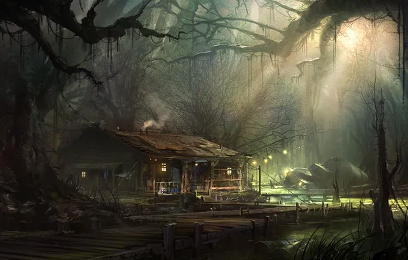 Картинка лес, деревья, дом, дым, болото, грузовик, infamous 2