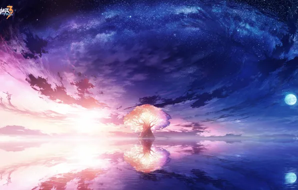 Небо, вода, деревья, закат, ночь, луна, Honkai Impact 3