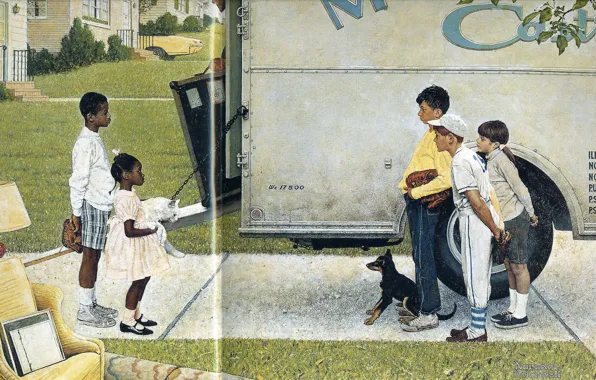 Дети, собачка, Иллюстрация, белый пушистый кот, Норман Роквелл, New Kids in the Neighbourhood 1967
