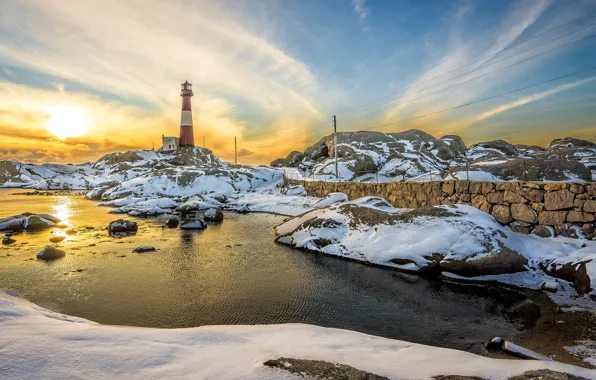 Sunset, snow, lighthouse, pond