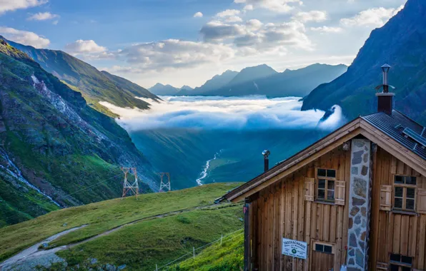 House, grass, river, sky, landscape, nature, clouds, fog