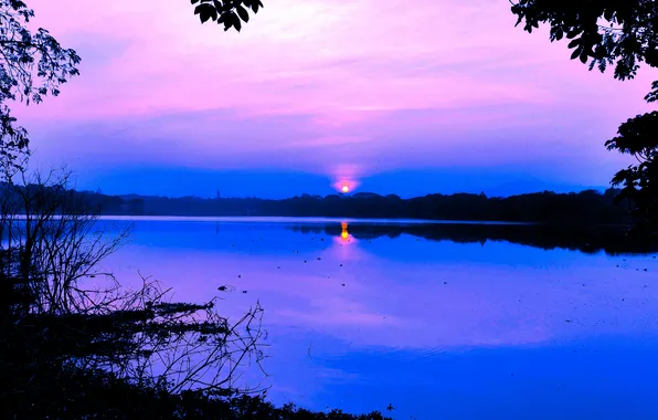 Sun, Water, Sunrise, Dawn, Morning, Lake, Trees, Reflection