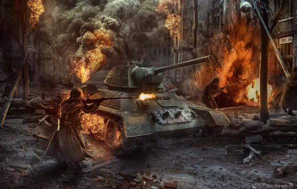 Картинка пожар, война, ссср, танк, war, ussr, Pavel Bondarenko, сталинград