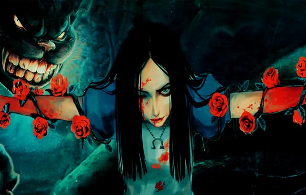 Девушка, кровь, Алиса, girl, blood, чеширский кот, Alice, Alice Madness Returns