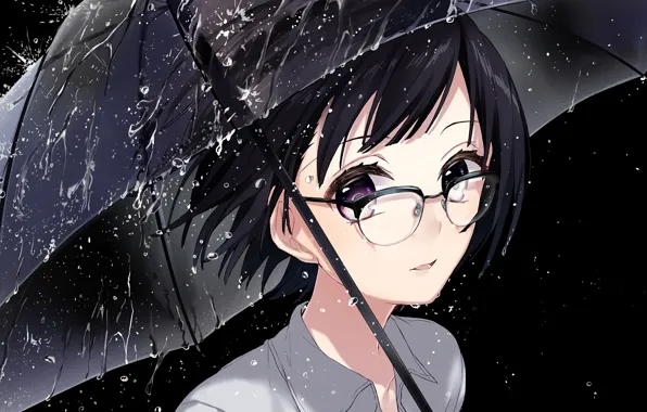 Картинка девушка, капли, дождь, зонт, аниме, арт, очки, sogawa66