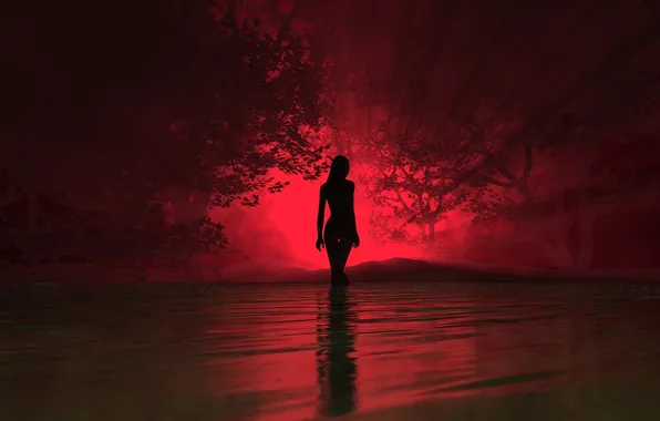 Картинка вода, девушка, деревья, красный, природа, туман, фон, цвет