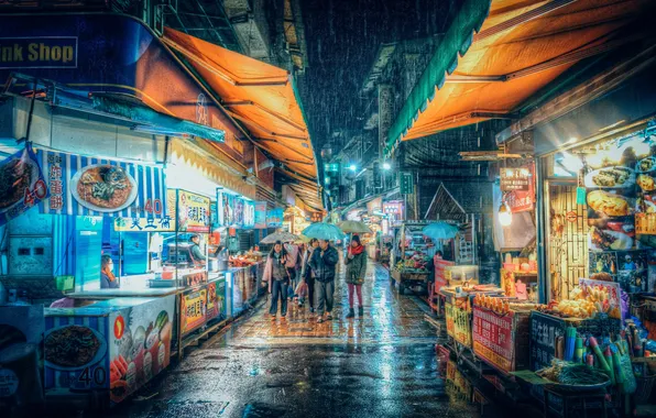 Картинка ночь, огни, люди, дождь, неон, Тайвань, зонты, рынок