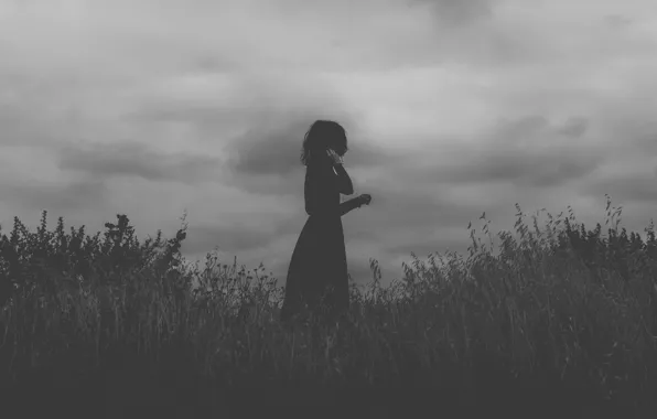 Картинка field, black dress, clouds, girl