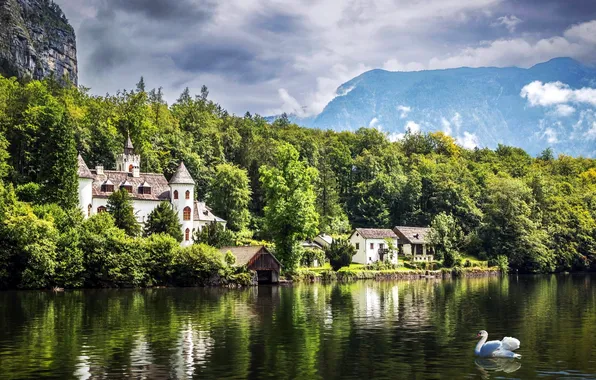 Лес, горы, природа, озеро, замок, красота, Austria, Lake Hallstatt