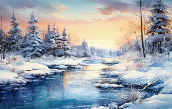 Картинка зима, лес, снег, деревья, пейзаж, природа, берег, картина