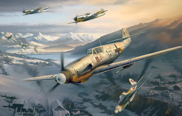 Картинка ИЛ-2, Luftwaffe, Воздушный бой, Люфтваффе, Messerschmitt Bf.109, одномоторный поршневой истребитель-низкоплан, Битва за Кавказ