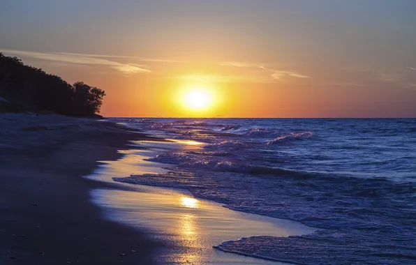Пляж, солнце, закат, побережье, Индиана, озеро Мичиган, Lake Michigan, Indiana