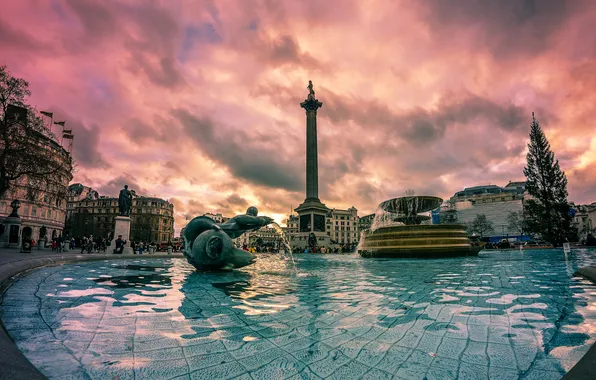Картинка небо, облака, Англия, Лондон, фонтан, Трафальгарская площадь