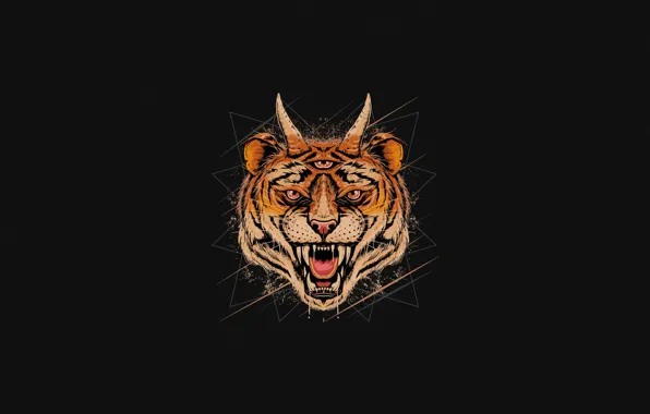 Минимализм, Тигр, Кот, Стиль, Глаза, Пасть, Фон, Морда