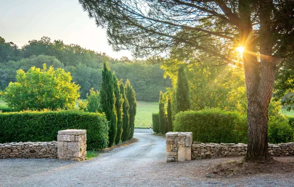 Дорога, лето, Франция, ограда, France, Dordogne, Lot, La Borie Gites