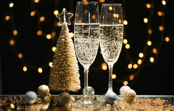 Украшения, золото, шары, елка, Новый Год, бокалы, golden, new year