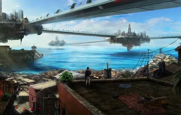 Картинка крыша, море, вода, мост, город, будущее, здания, арт, парень