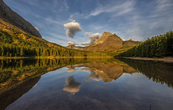 Небо, облака, деревья, закат, горы, озеро, отражение