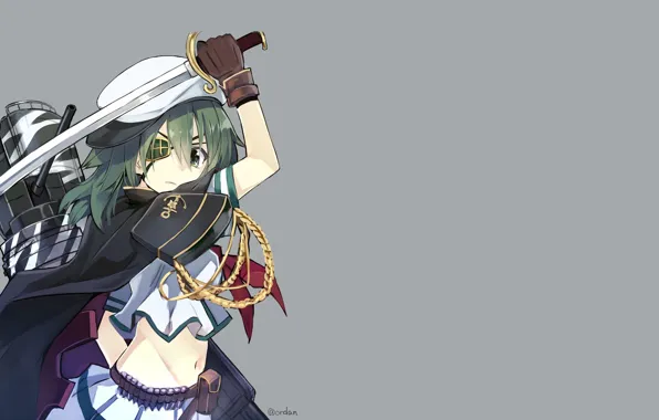 Взгляд, девочка, серый фон, замах, Kantai Collection, Флотская Коллекция