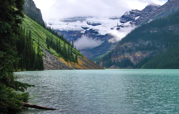 Картинка лес, облака, горы, озеро, Banff National Park, Alberta, Lake Louise, канада