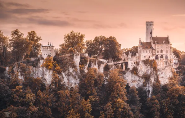 Картинка осень, лес, деревья, мост, скала, замок, Германия, крепость