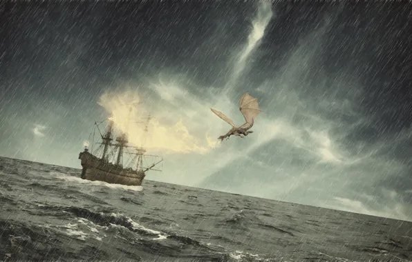 Картинка море, волны, шторм, дождь, огонь, дракон, корабль