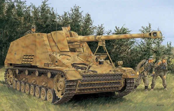 Картинка рисунок, установка, самоходная, артиллерийская, германская, (САУ), Nashorn, Вторая мировая войныа
