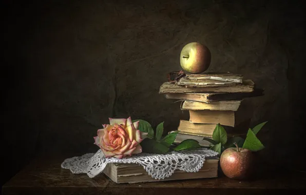 Цветок, стол, яблоки, роза, книги, еда, стопка, натюрморт