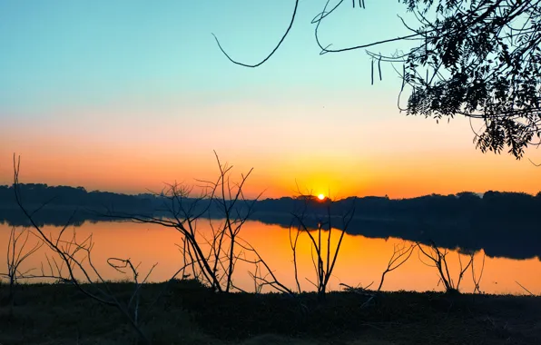 Sun, Water, Sunrise, Dawn, Morning, Lake, Trees, Reflection