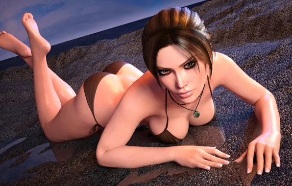 Песок, пляж, купальник, попа, грудь, девушка, задница, lara croft