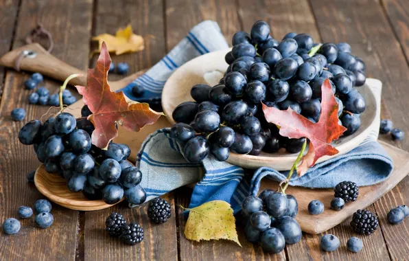 Осень, листья, красный, ягоды, урожай, черника, виноград, натюрморт