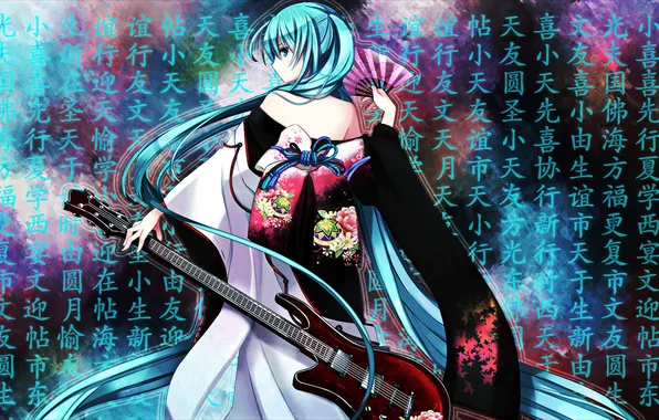 Картинка девушка, гитара, веер, арт, иероглифы, кимоно, vocaloid, hatsune miku