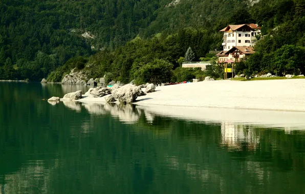 Картинка лес, пляж, горы, озеро, Italy, Molveno