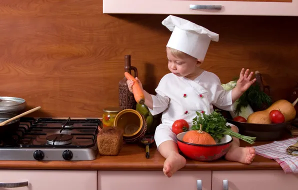 Картинка ребёнок, parsley, Child, овощи, cook, хлеб, stove, помидор
