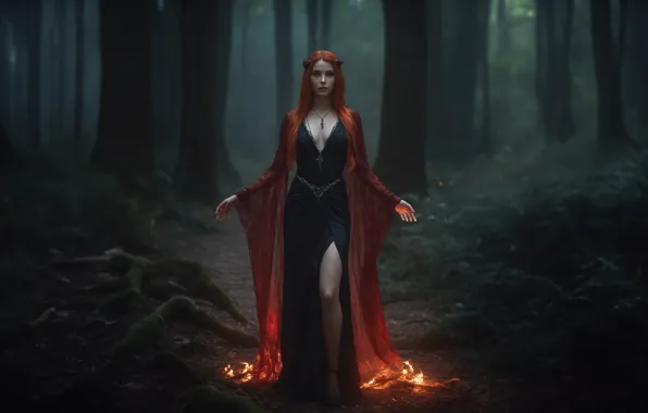 Картинка fire, girl, fantasy, forest, dreamy