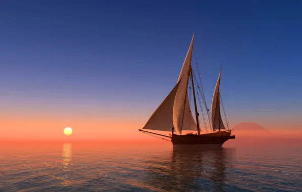 Картинка море, небо, солнце, восход, побережье, корабль, парусник, горизонт