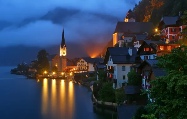 Картинка ночь, туман, озеро, башня, дома, Австрия, освещение, фонари