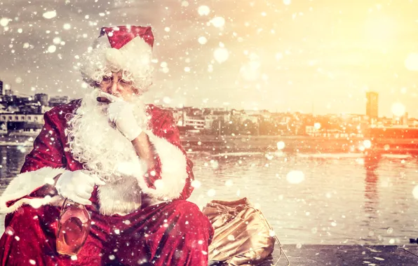 Картинка праздник, бутылка, сигара, Новый год, Санта Клаус, Дед Мороз