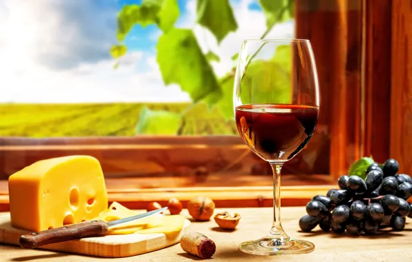 Картинка вино, бокал, сыр, виноград